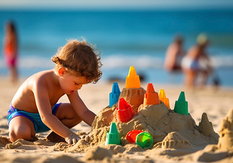 niño jugando con la arena en la playa
